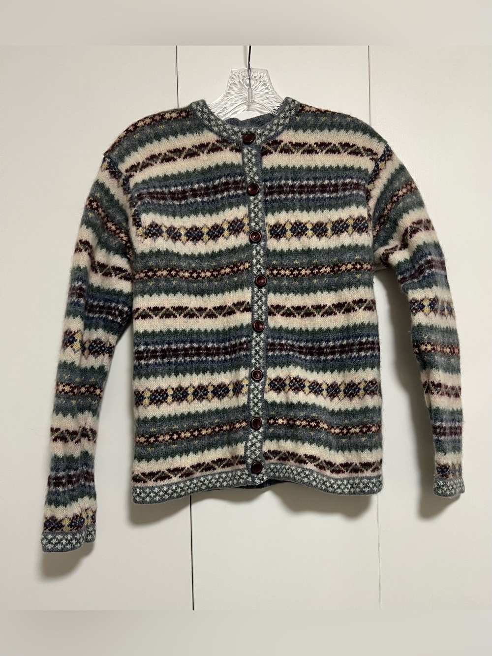 Vintage Gallagher Shetland Wool Blue Fair Isle Sweater Women’s Medium Cardigan